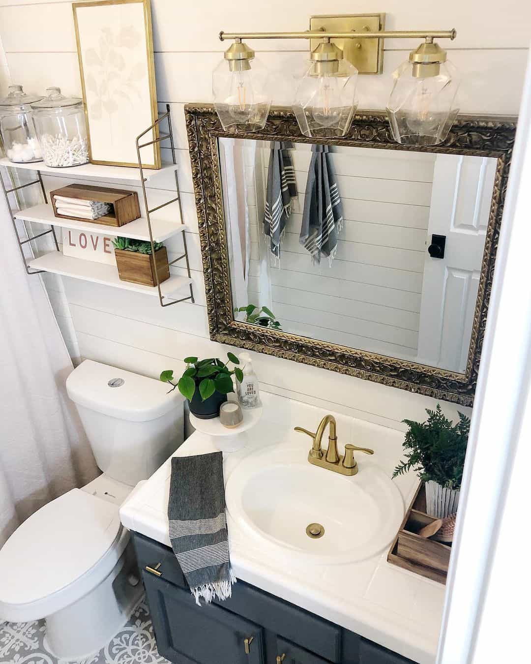 Dark Gray Vanity with Brass Hardware for Contrast