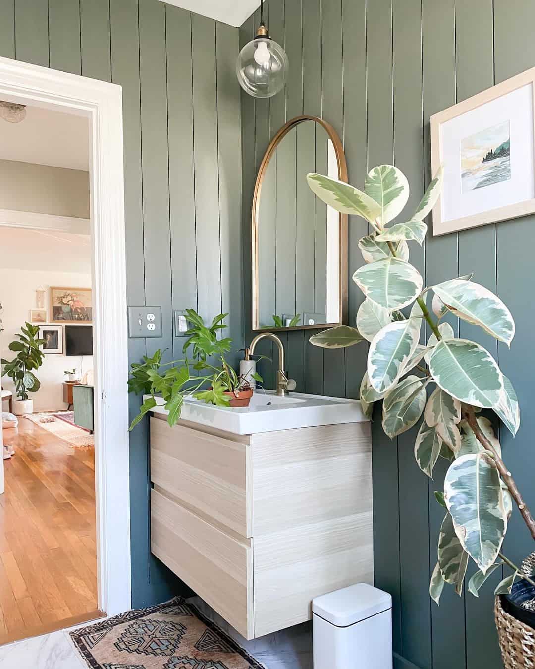 Floating Light Wood Vanity with Arch Mirror