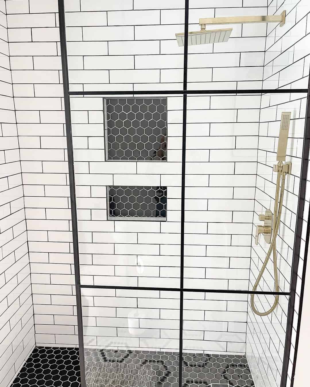 Recessed Niches With Hexagon Tile Break Up Subway Tile Walls