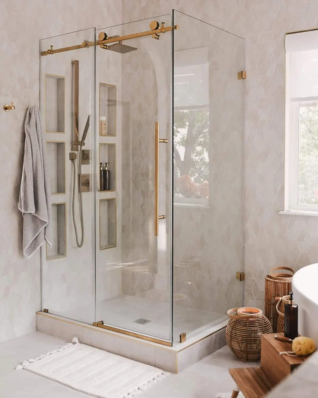 Geometric Hexagon Tiles Create a Subtle, Textured Shower Backdrop