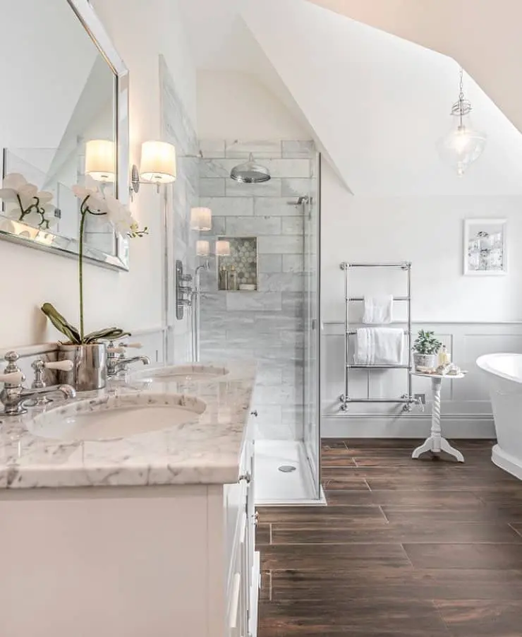 Marble Subway Tile Shower Walls With Hexagon Inlay