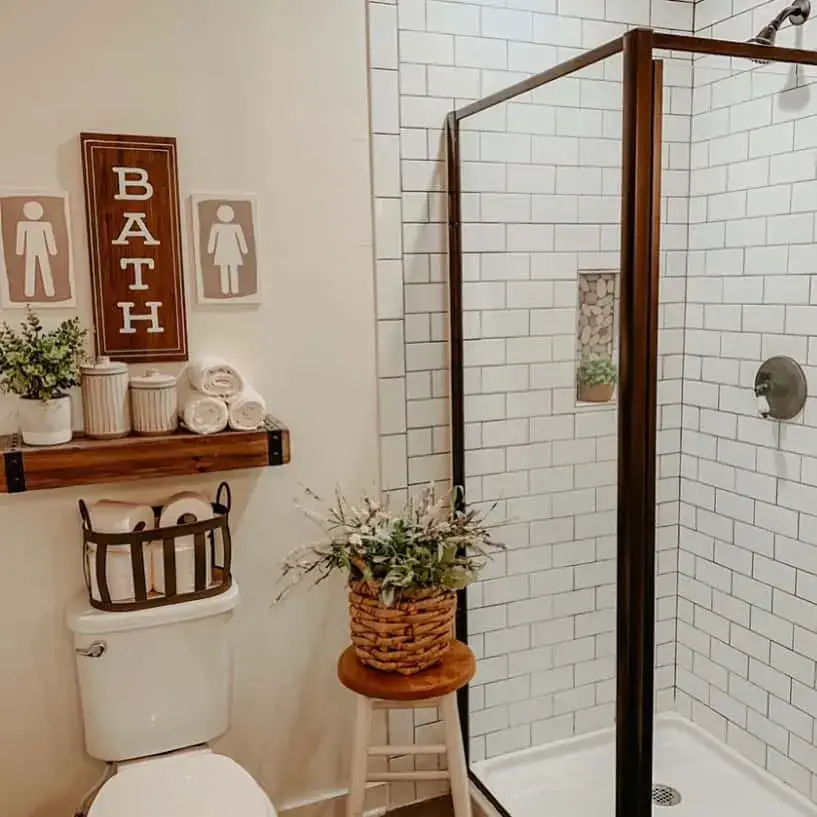 White Subway Tile Shower Walls With Wood-Framed Niche