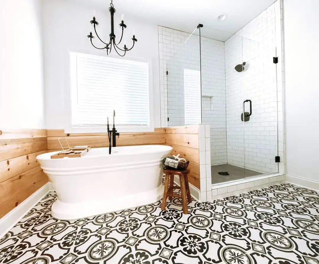 Monochromatic Patterned Floor Tiles Create a Bold Foundation