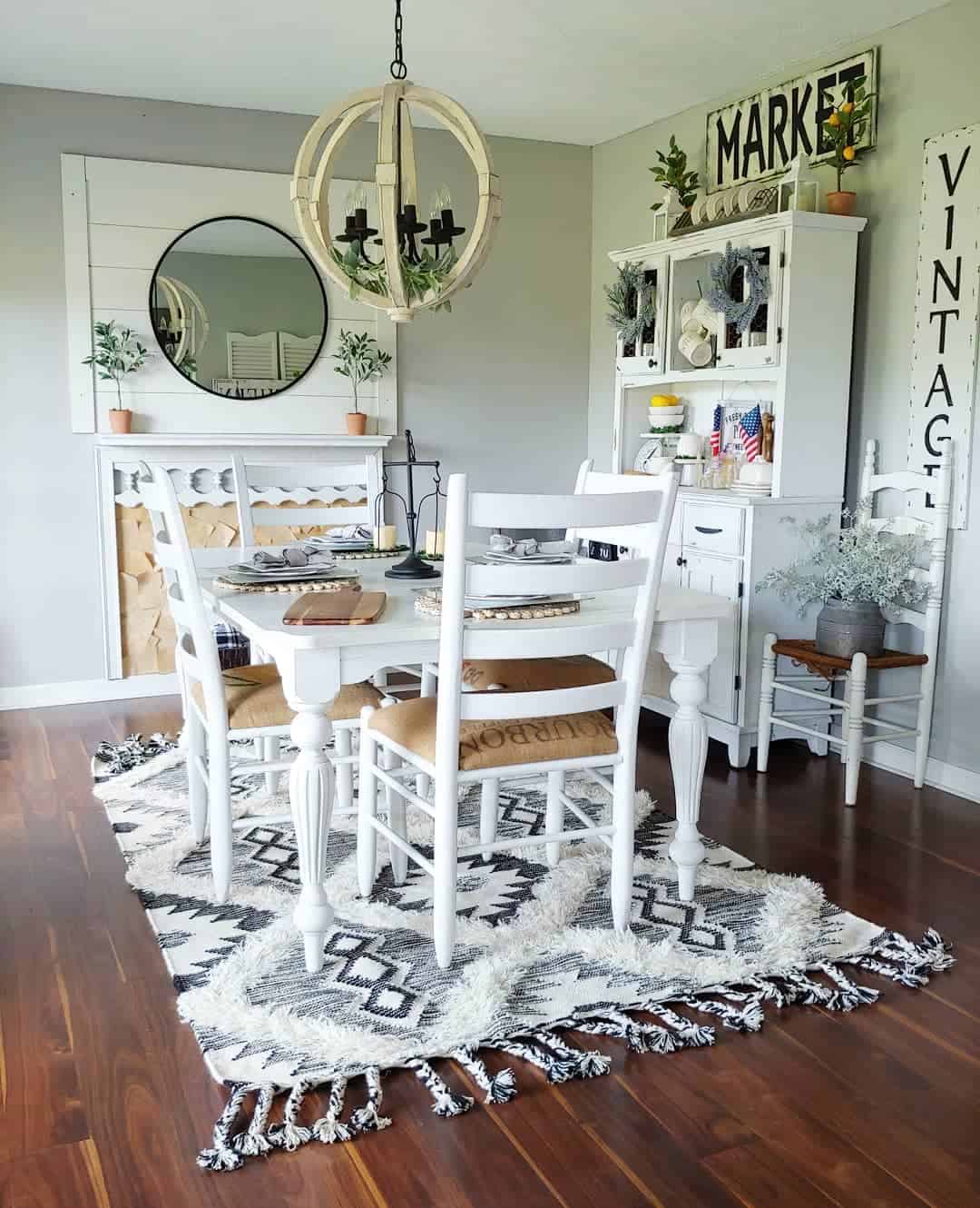 White Table with Turned Legs and a Patterned Runner