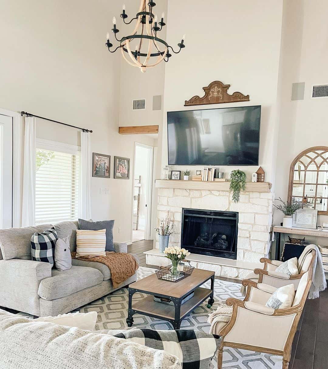 Carved Wood Crest Adds Architectural Interest Above TV