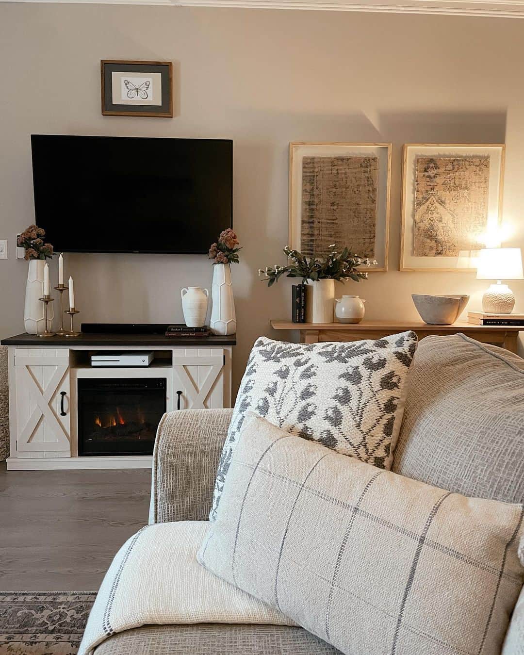 Framed Textile Art Adds Layered Texture Above Console
