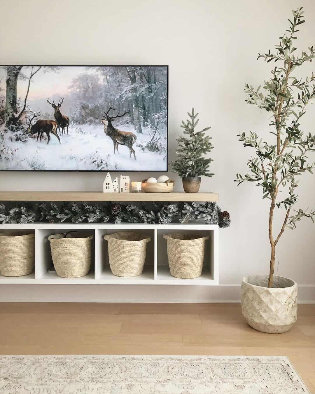 Woven Baskets Store Media Accessories in Open Shelving