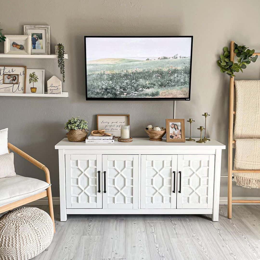 White Media Console with Geometric Door Inlays