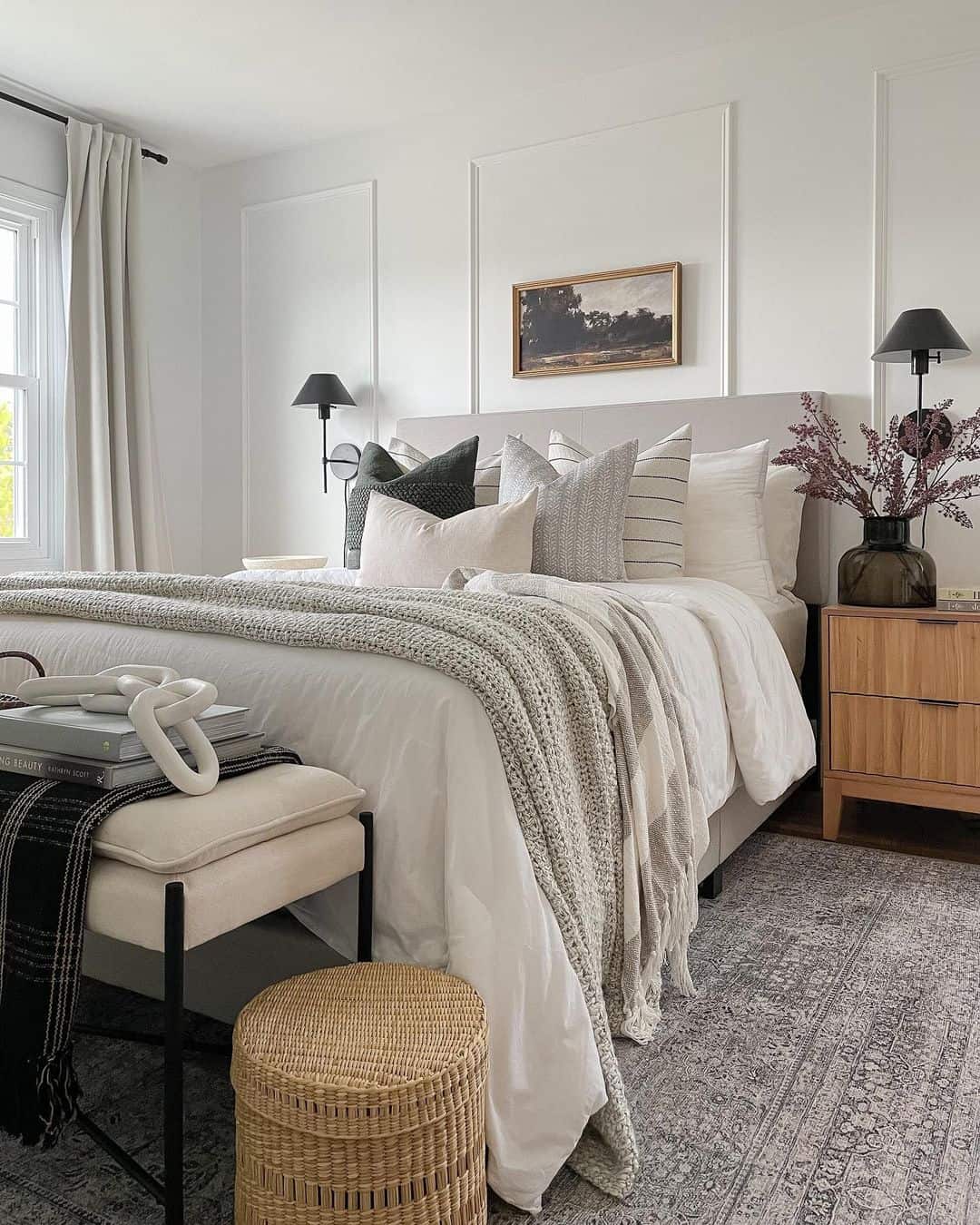 Simple Headboard Frames a Layered Bedscape