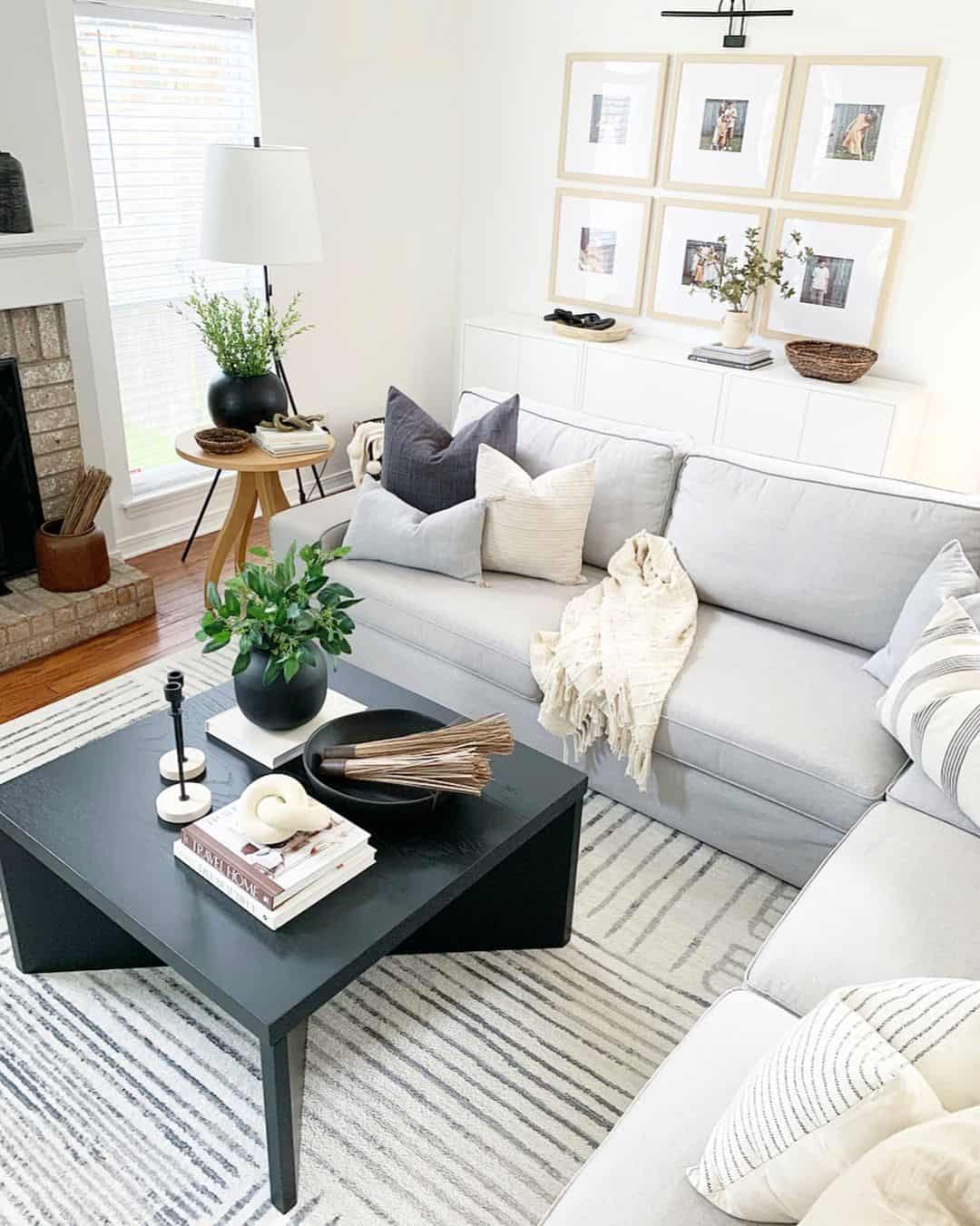 Ground a Geometric Rug with a Black Square Table