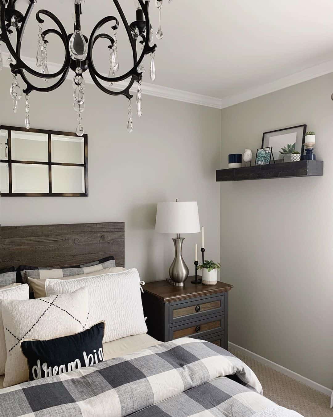 Dark Wood Shelf Displays Small Decor Accents Above Bed