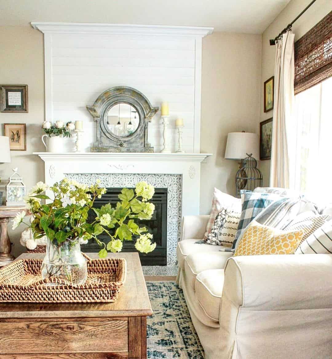 Architectural Mirror Frames the Fireplace Mantel