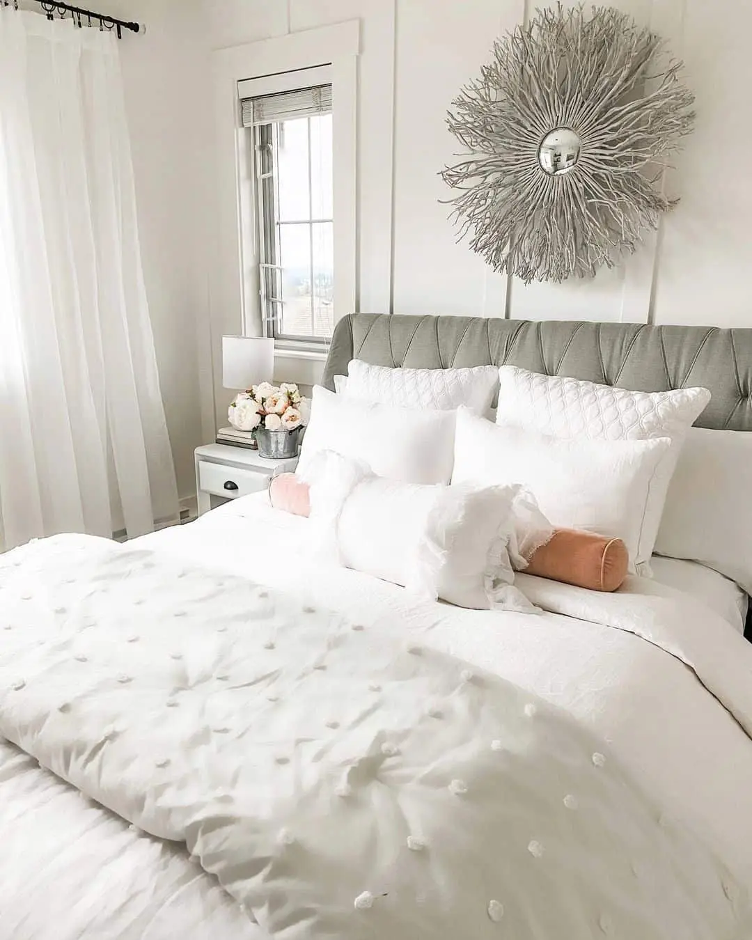 Grey Tufted Headboard with White Bedding for a Soft Focal Point