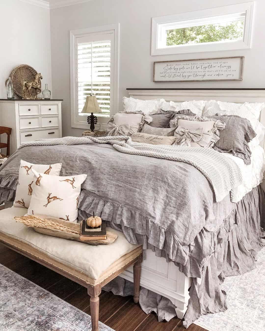 Ruffled Bed Skirt Adds Softness to Grey and White Layers