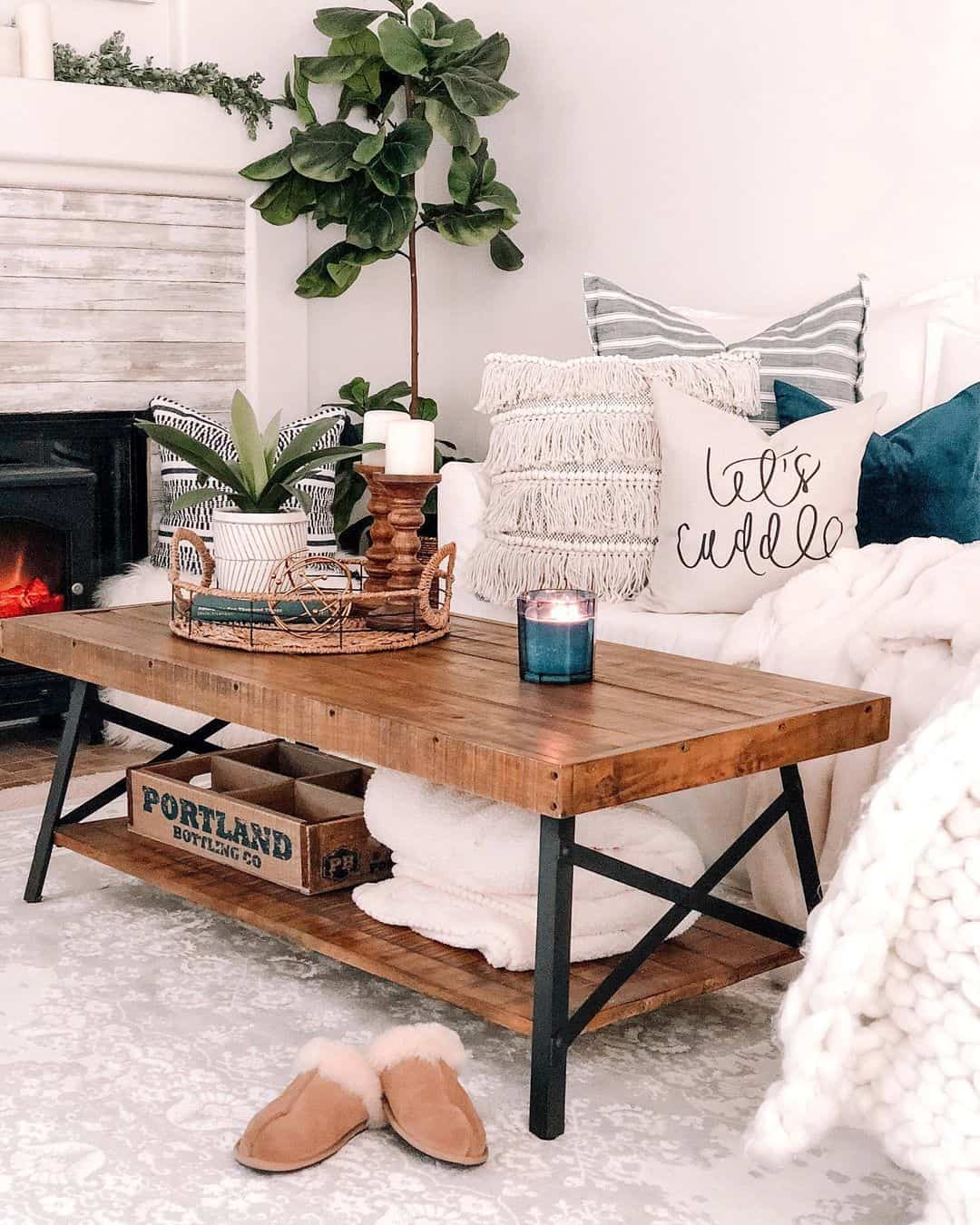 Wooden Coffee Table With Industrial X-Frame Legs and Lower Shelf