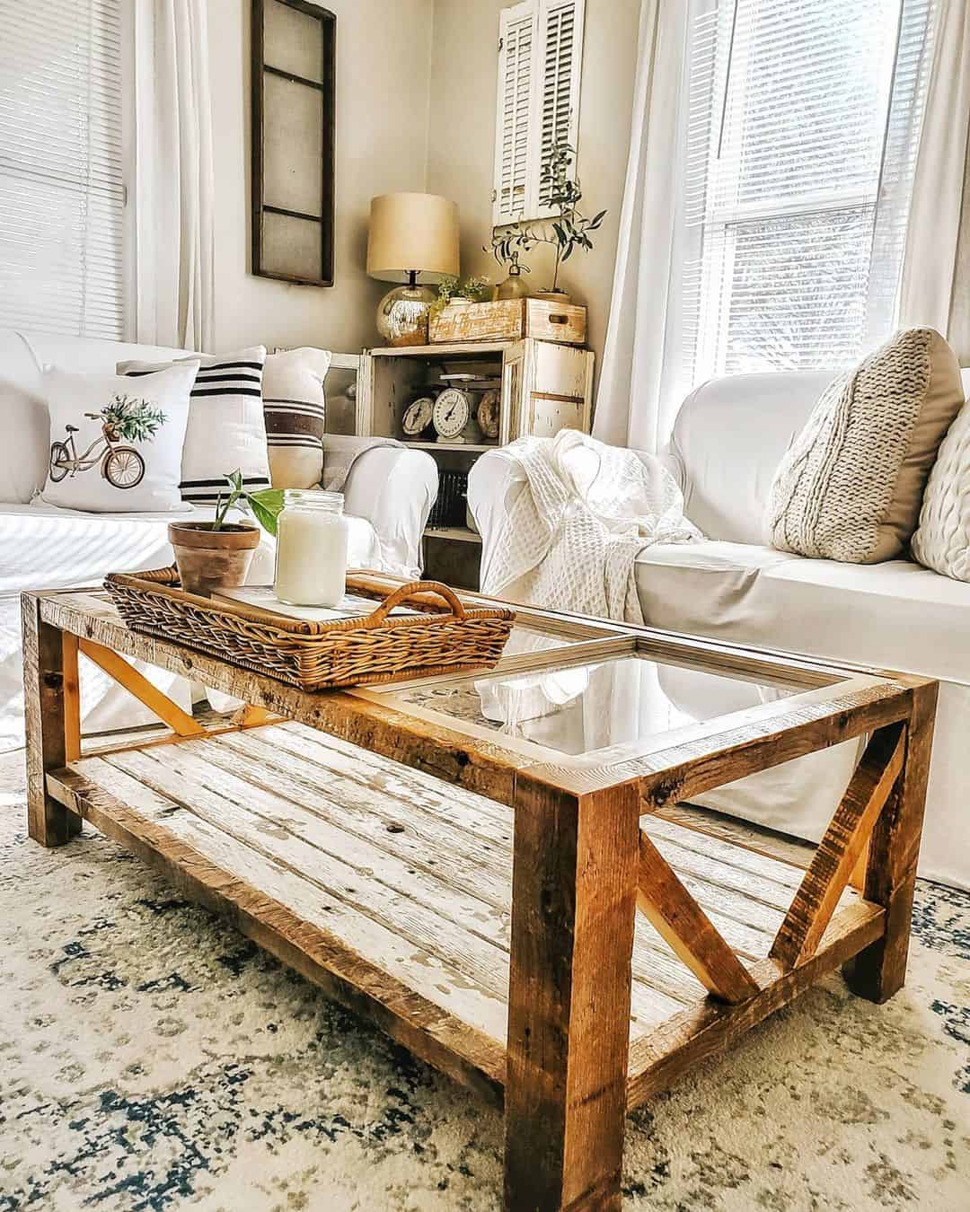 Rustic Wood Coffee Table with Glass Top and Lower Shelf