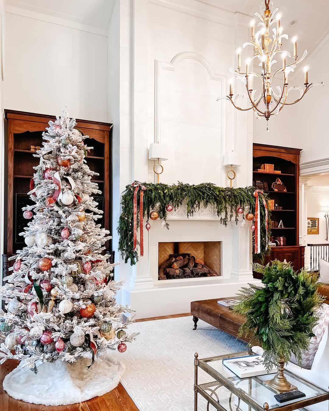 Garland and Ribbon Drape Over Fireplace Mantel