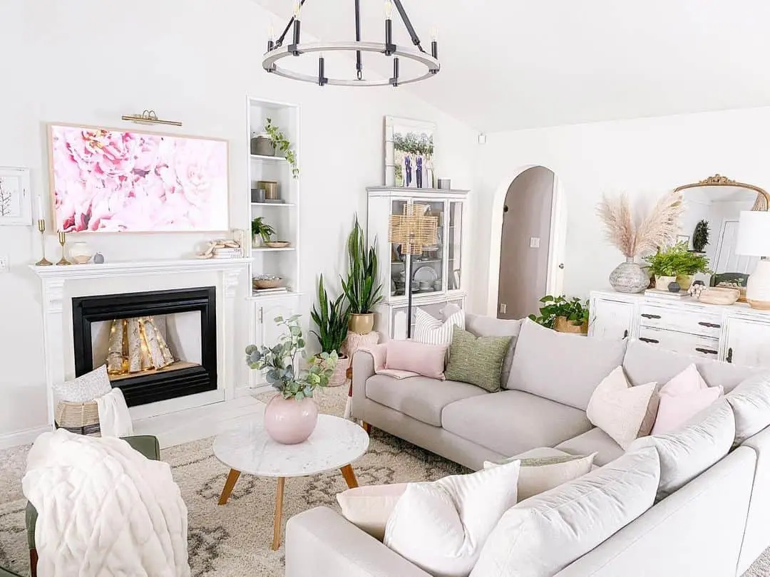 Pink Peony Art Above Fireplace Warms the Mantel