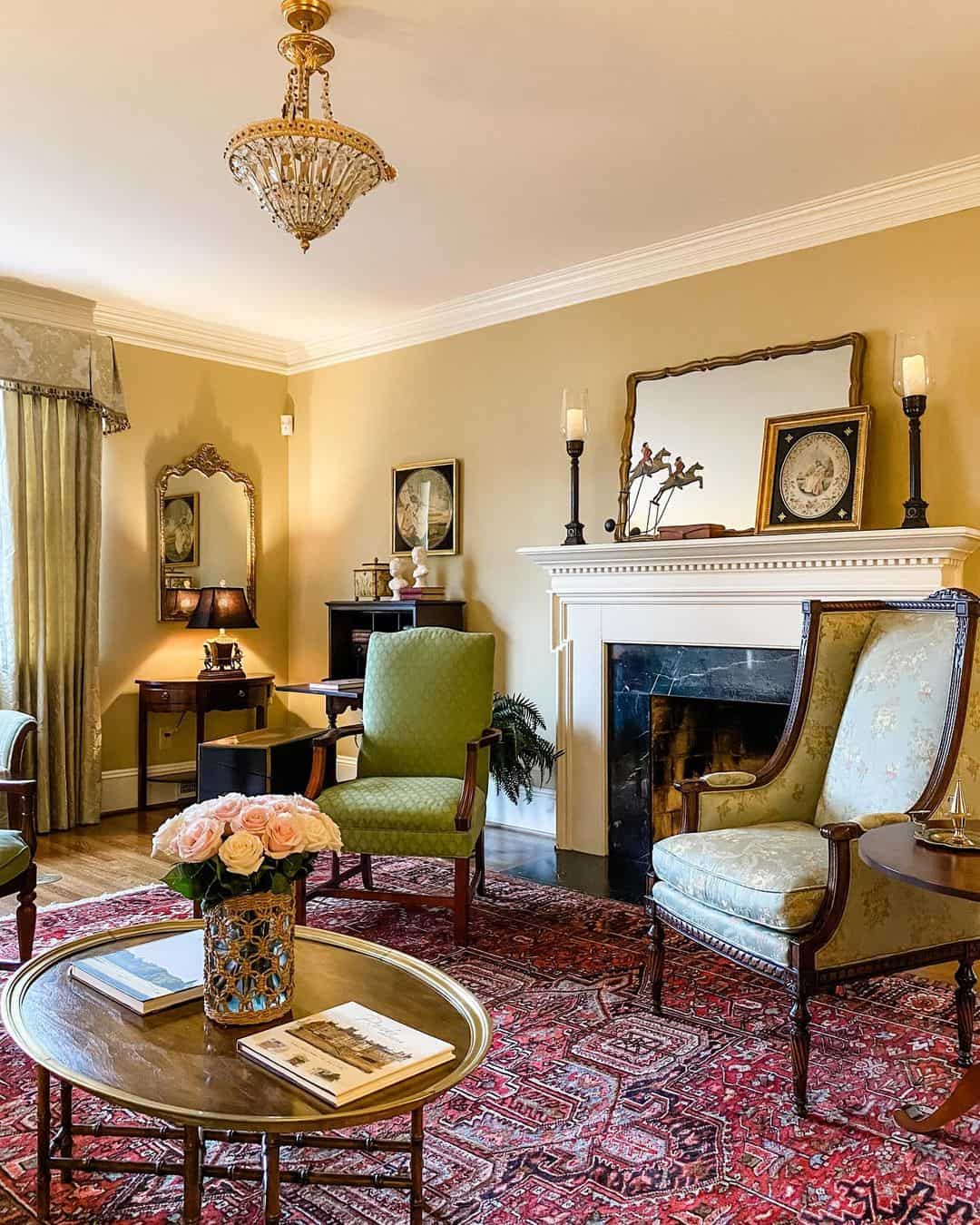 Ornate Mirror Above Fireplace Reflects Room Details