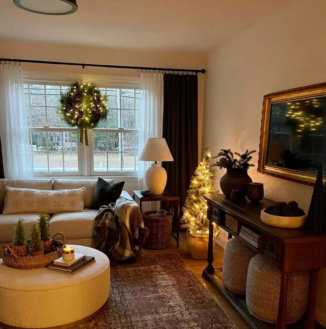 Ornate Gold Mirror Reflects Twinkling Lights