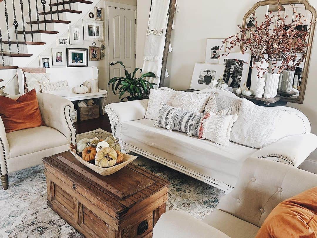 Wooden Chest Anchors Seating Area with Rustic Charm