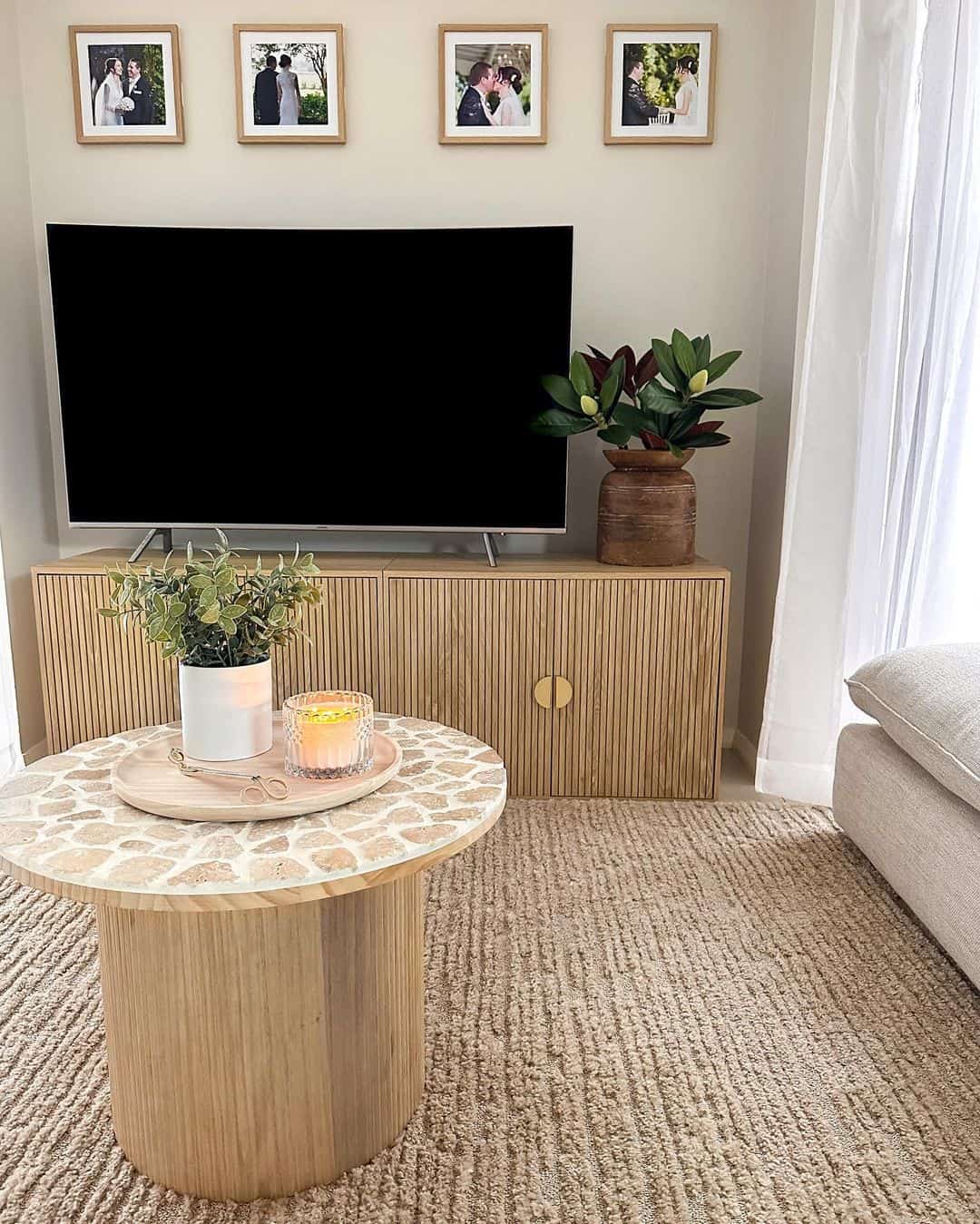 Ribbed Wood Console With Brass Pulls Hides Electronics