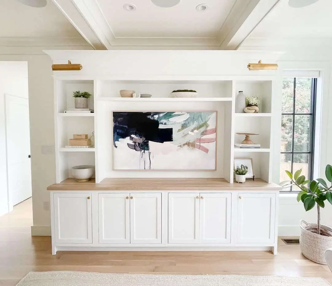 Natural Wood Countertop Adds Warmth to White Built-In Cabinetry