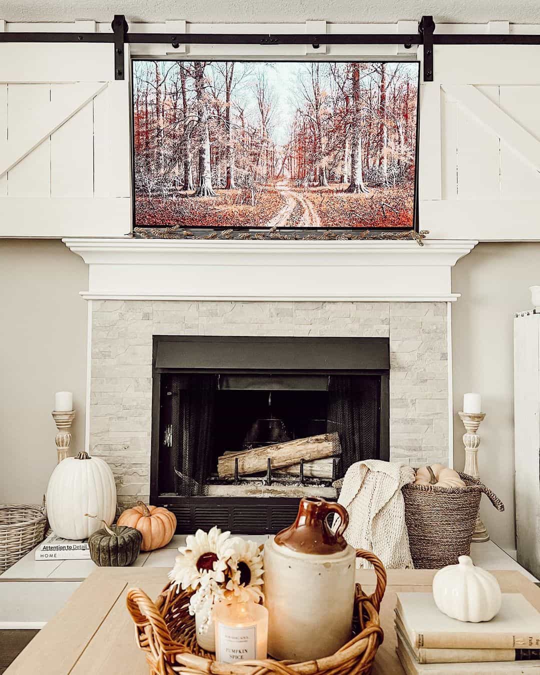 Sliding Barn Doors Conceal TV Above a Textured Fireplace