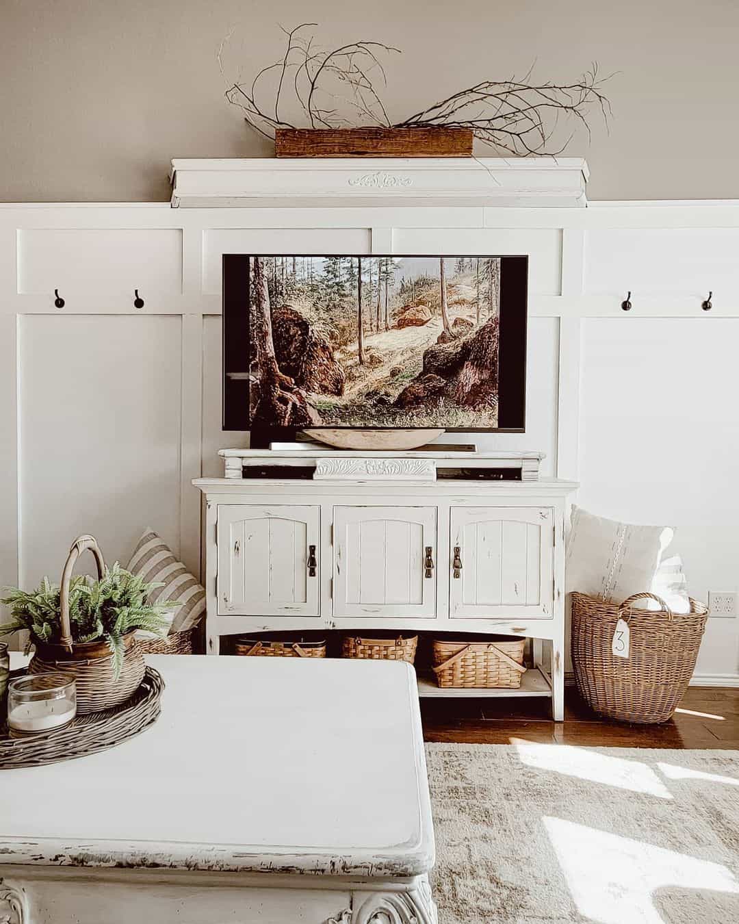 Distressed Cabinet with Brass Hardware Hides Media Components