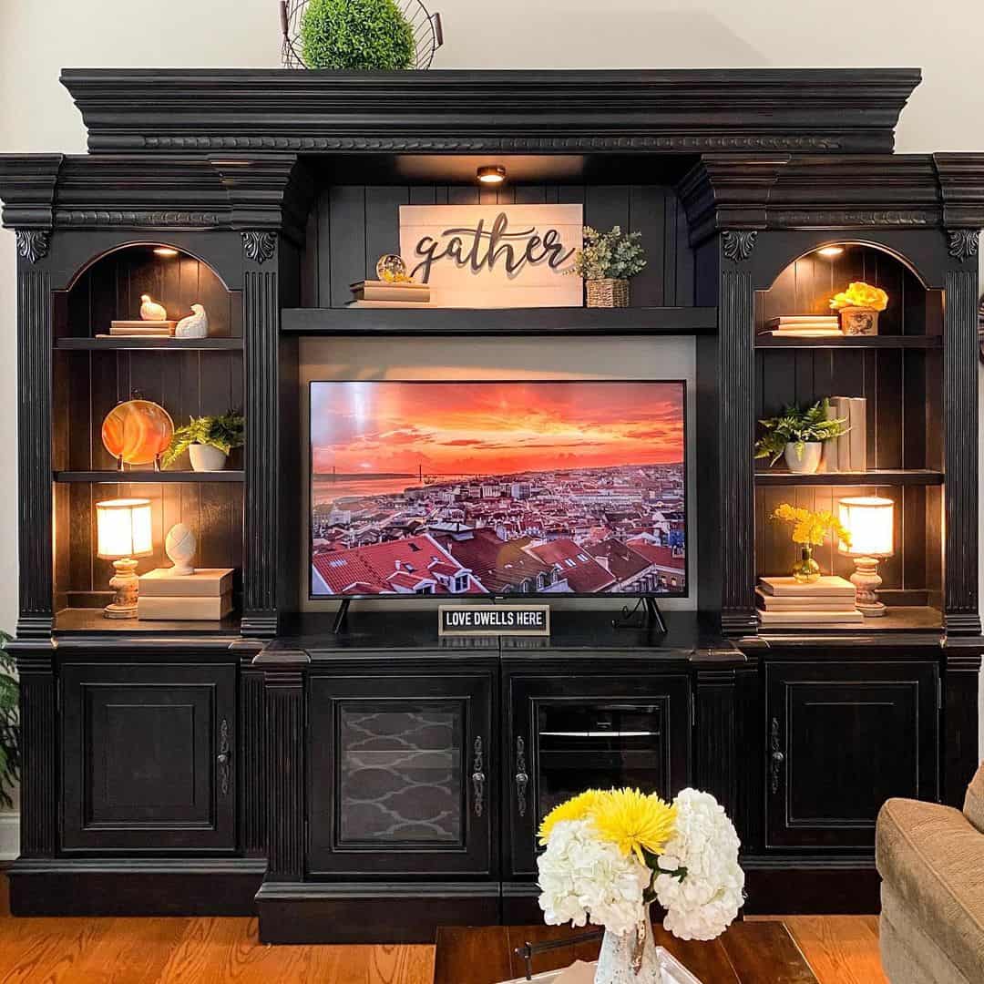 Arched Shelves Create a Dramatic Built-In Entertainment Center