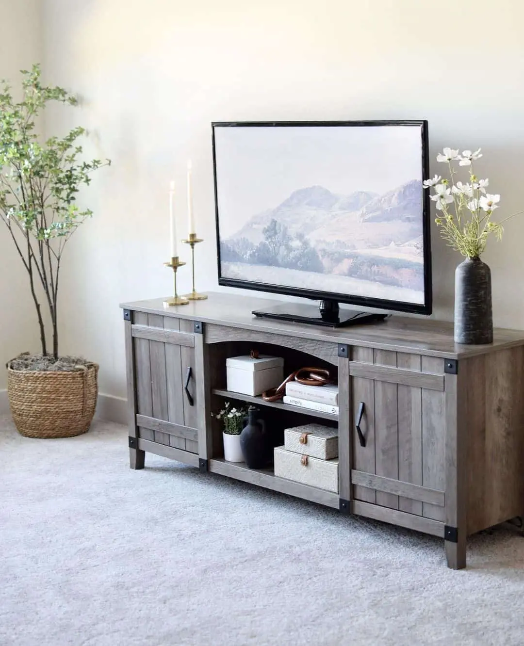 Barn Door Console Blends Rustic Style with Open Shelving