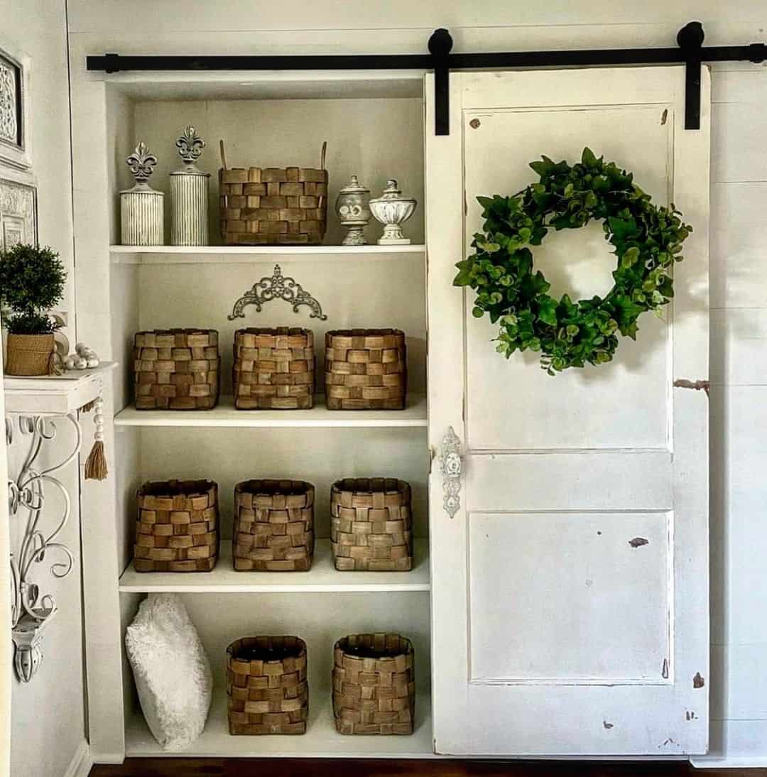 Woven Baskets Create a Textured Grid on Open Shelving
