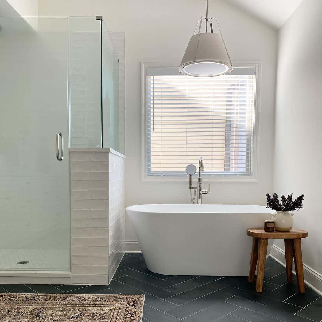 Wooden Stool Adds Natural Texture Near Tub
