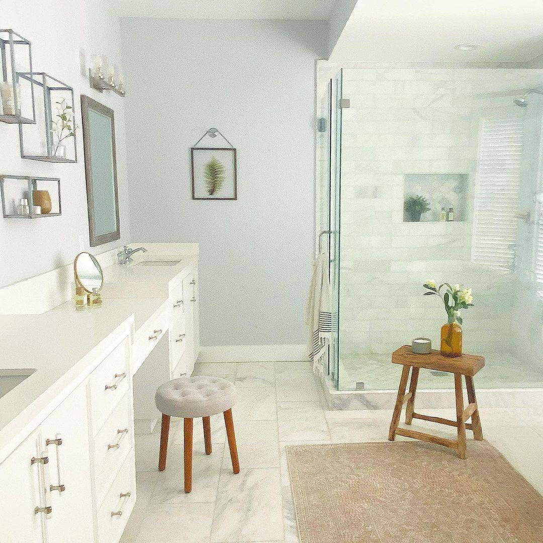 Wooden Stool Adds Rustic Charm Next to Shower