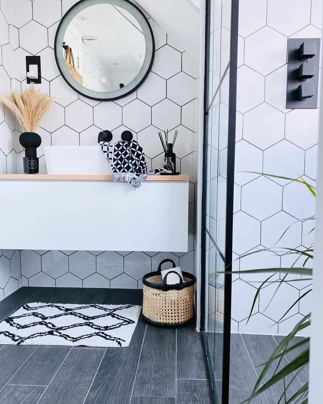 Woven Basket Adds Natural Texture to Black and White Bathroom