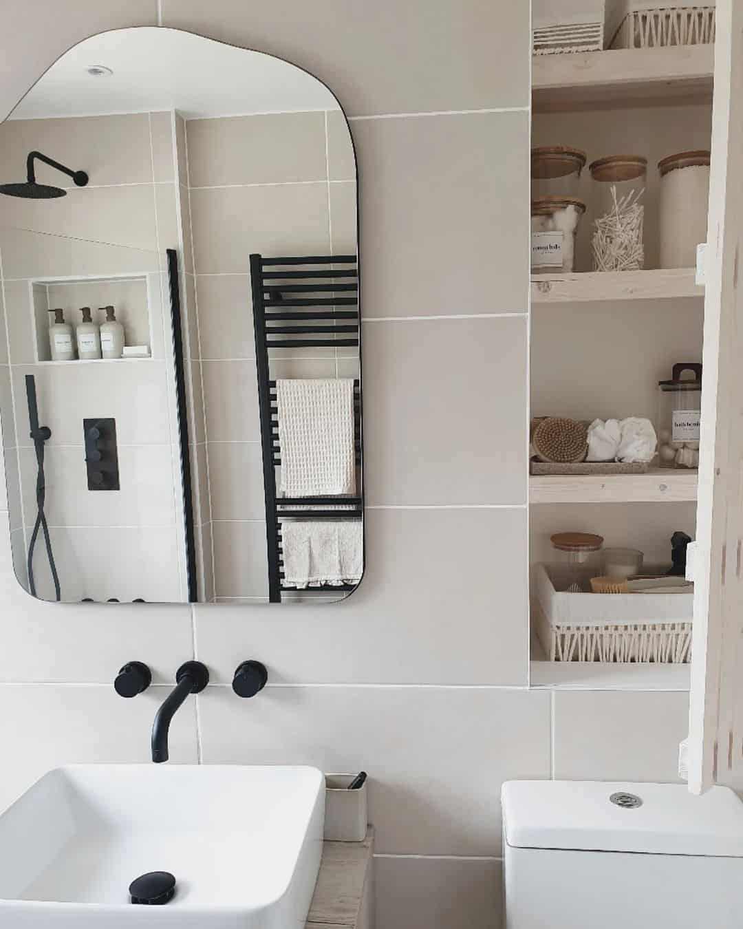 Open Wooden Shelving for Bathroom Essentials Display