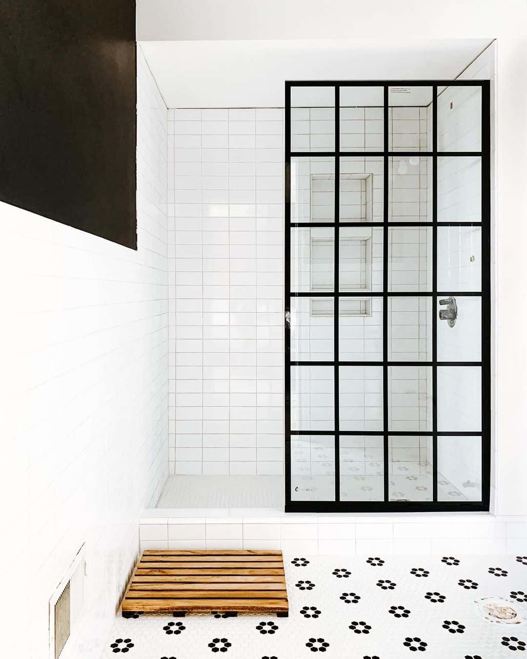 Grid Shower Door Adds Industrial Style to White Tile