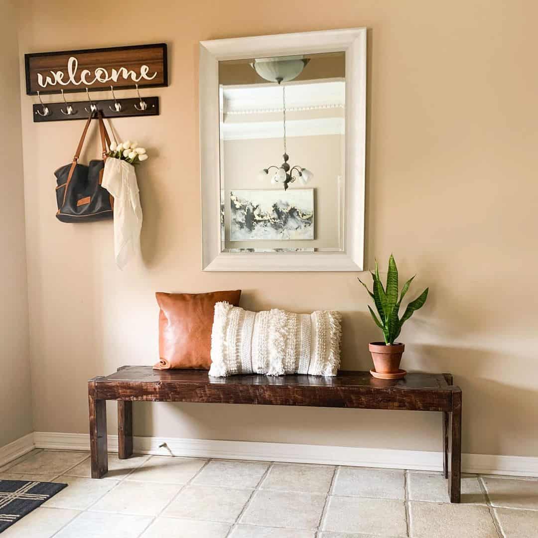 Wooden Bench with Textured Pillows for Entryway Seating
